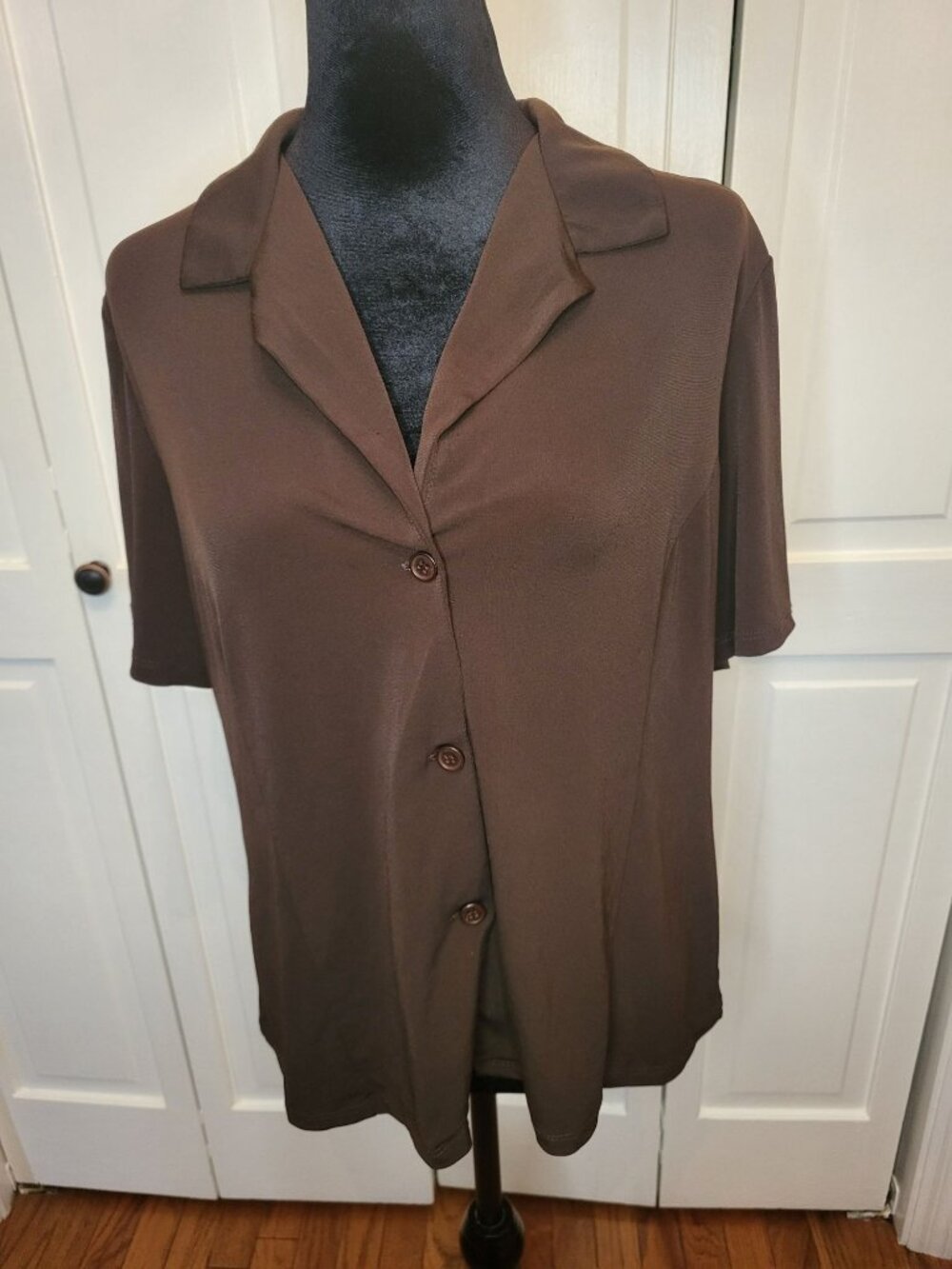 Kari Vintage 90s Brown Jersey Knit Button Up Shirt 16 Minimalist Retro Grunge
